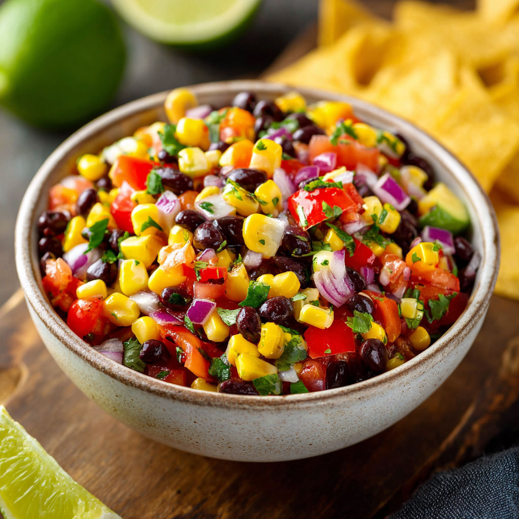 A bowl of Zesty Black Bean Corn Salsa.