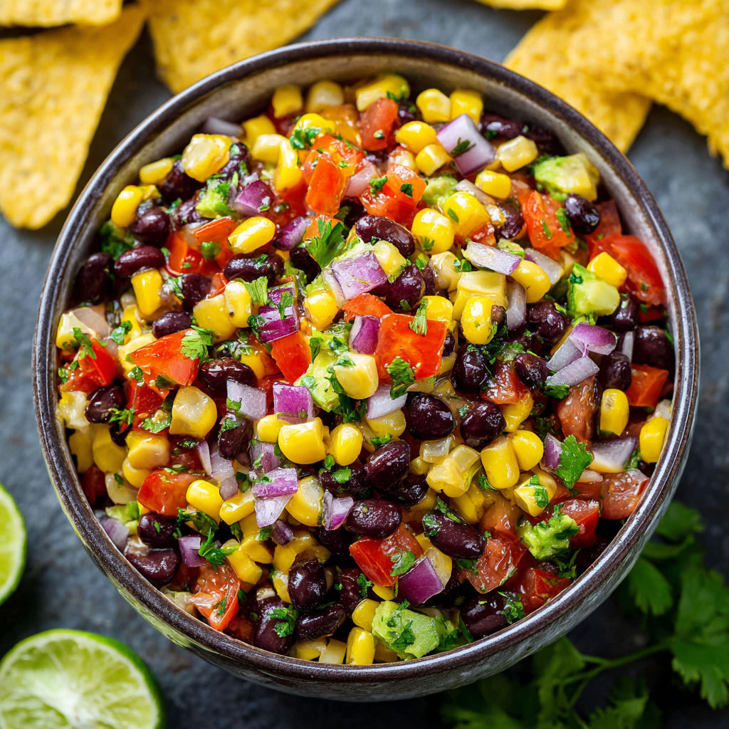 A bowl of zesty black bean corn salsa.