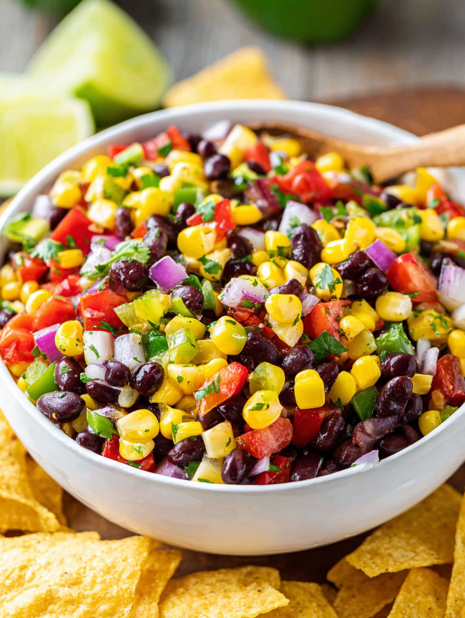 A bowl of zesty black bean corn salsa.