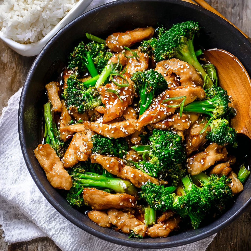 A bowl of Chinese chicken and broccoli.