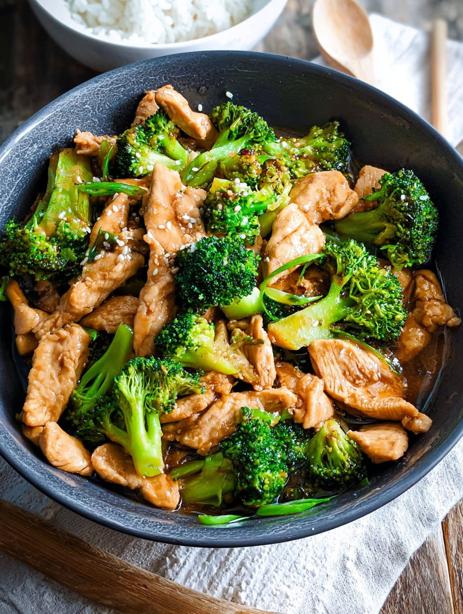 A bowl of Chinese chicken and broccoli.