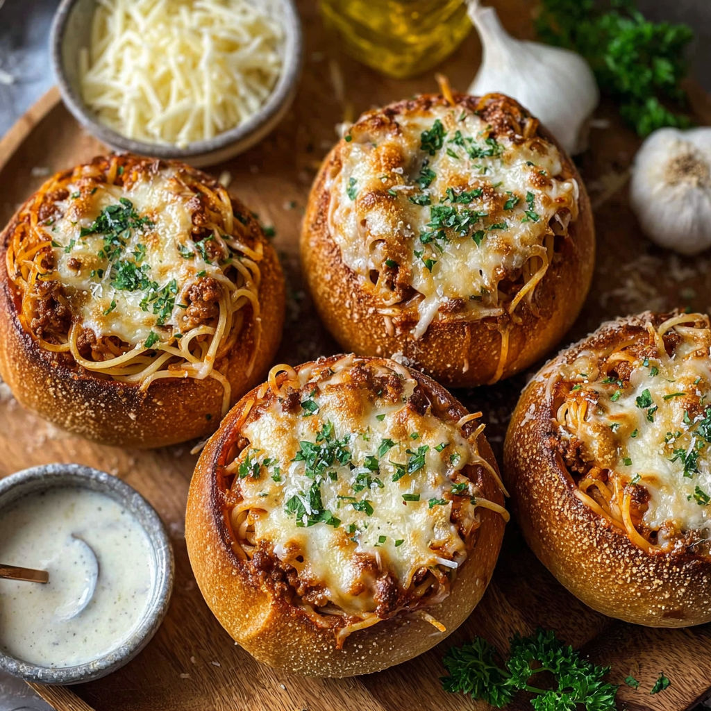 Three garlic bread bowls with spaghetti and cheese.