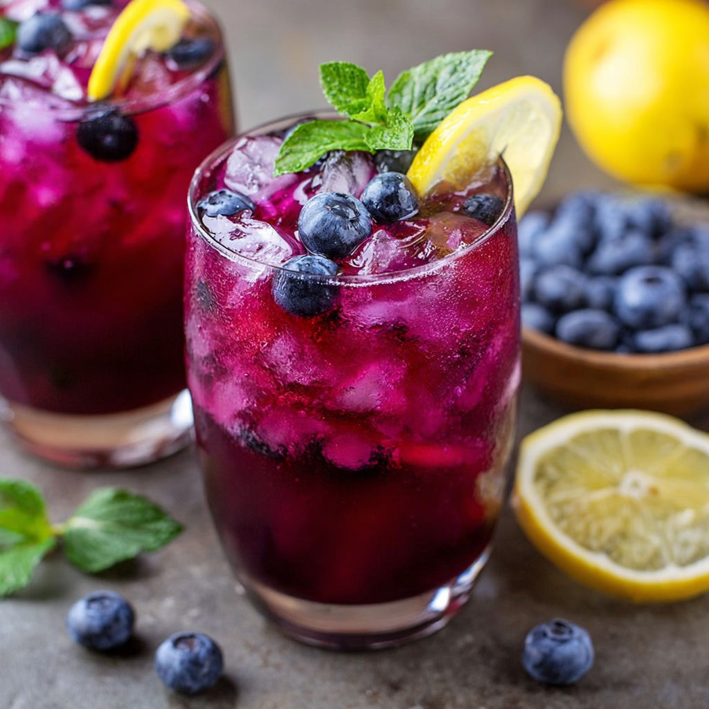 Two glasses of blueberry tea lemonade.