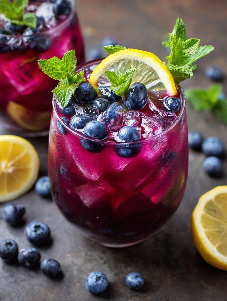 A glass of blueberry tea lemonade with a lemon wedge on the side.