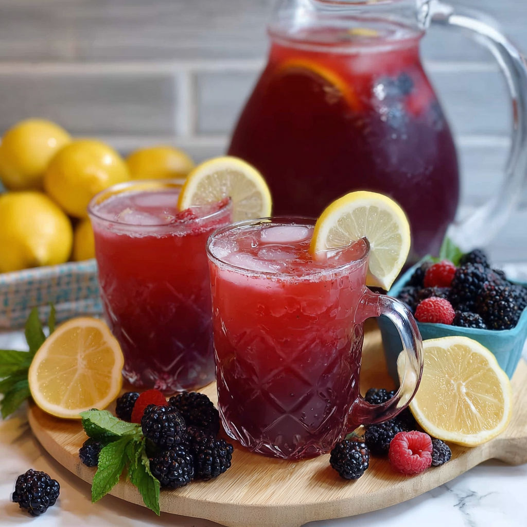 Two glasses of Triple Berry Lemonade with sliced lemons and raspberries.