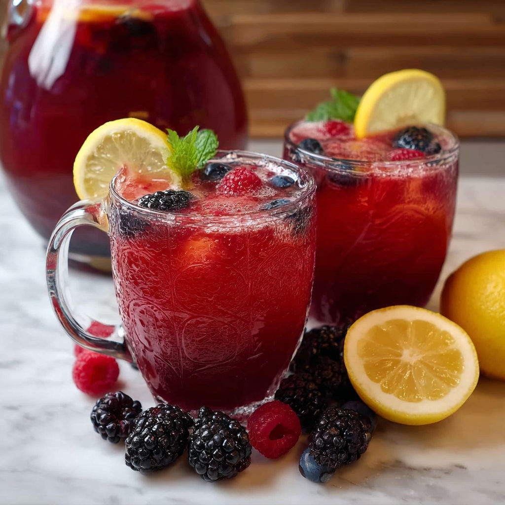 Two glasses of Triple Berry Lemonade with a lemon and a blueberry on the side.