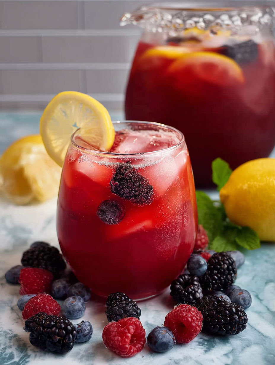 A glass of Triple Berry Lemonade with a lemon wedge on top.