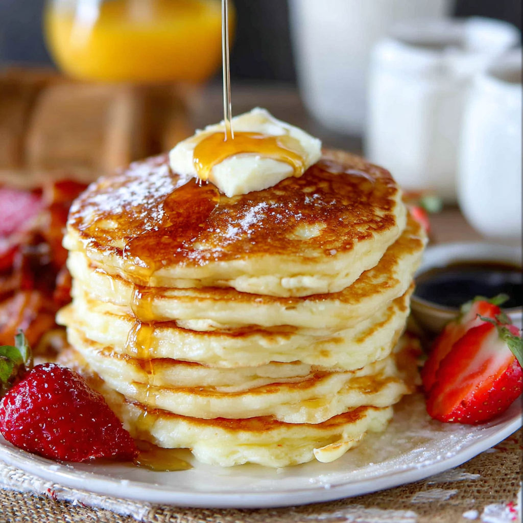 A stack of pancakes with butter and syrup on top.