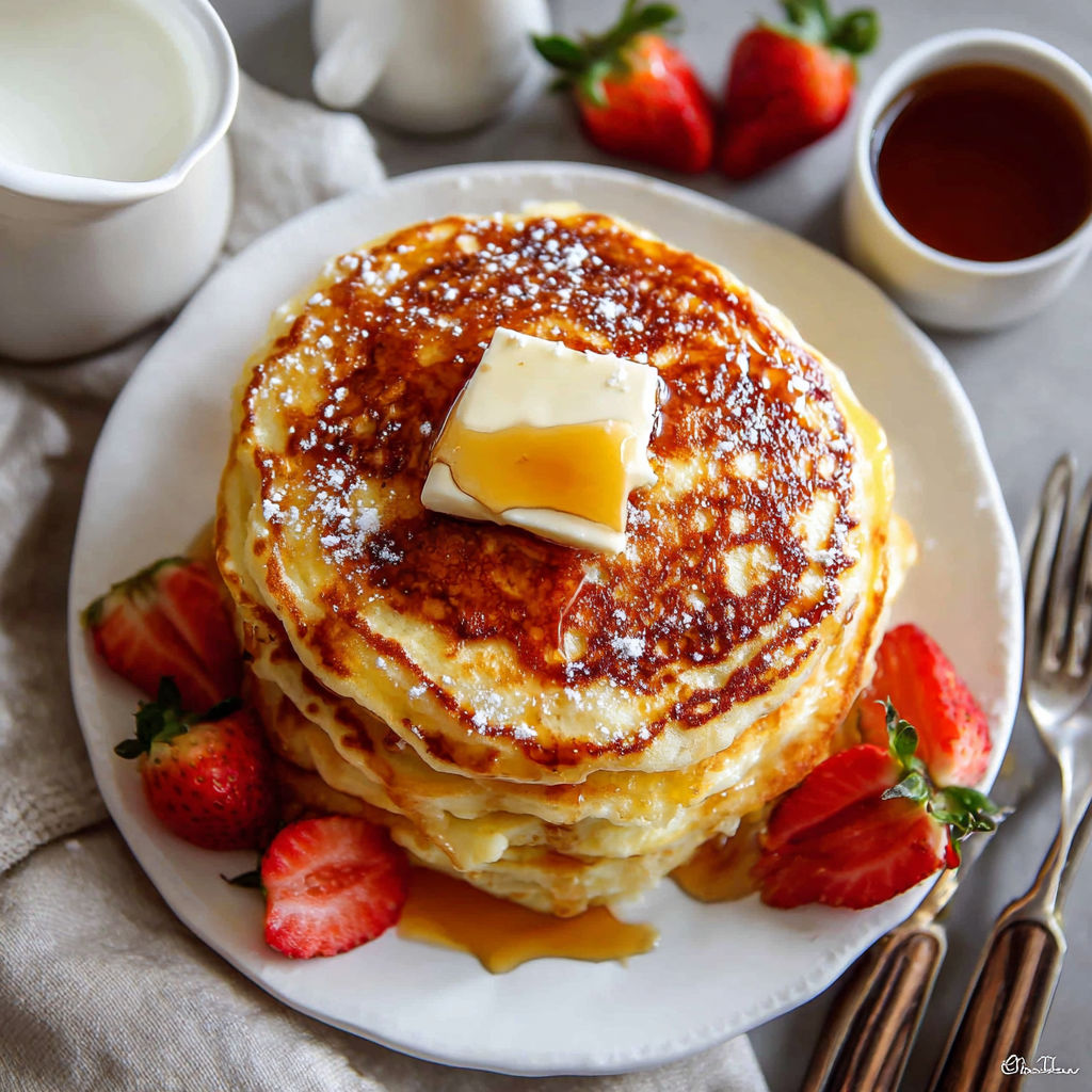 A stack of pancakes with butter and strawberries on top.