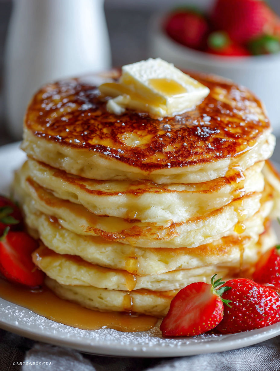 A stack of pancakes with butter on top.