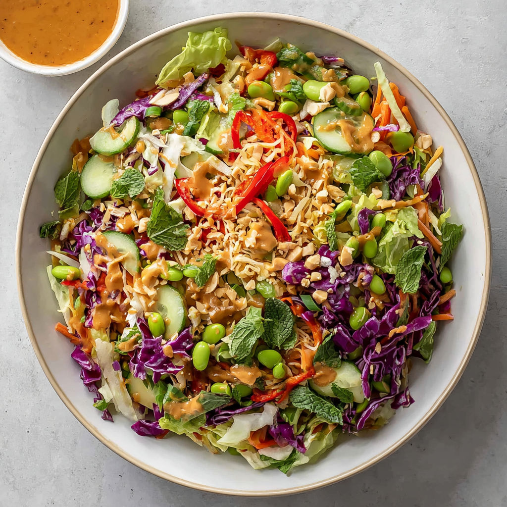 A bowl of Thai Crunch Salad CPK Copycat with peanut ginger sauce.