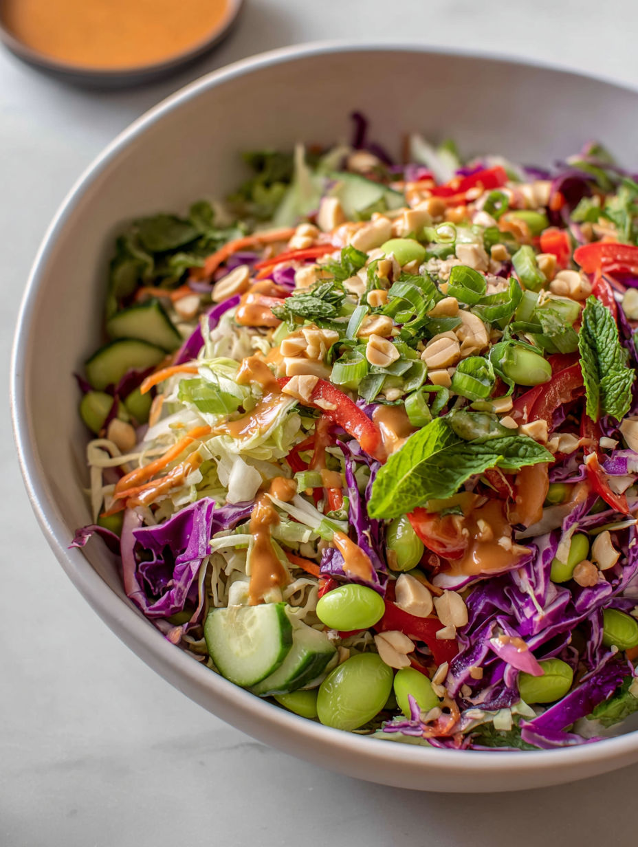 A bowl of Thai Crunch Salad CPK Copycat with peanut ginger sauce.