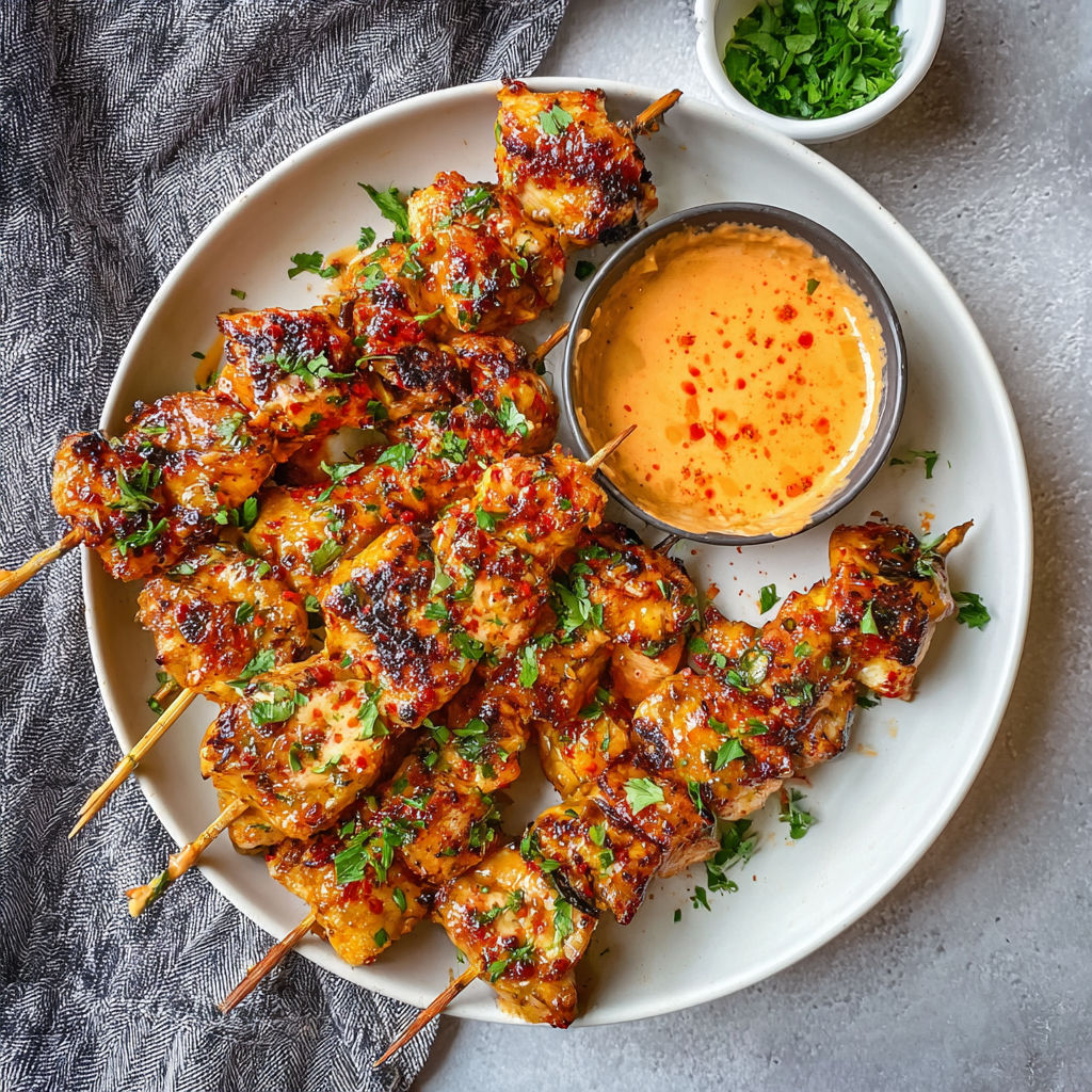 A plate of bang bang chicken skewers with a bowl of sauce.