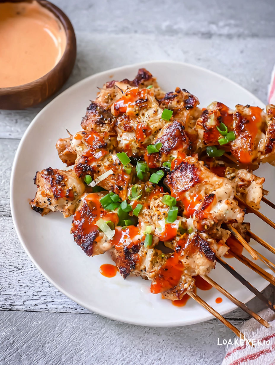 A plate of bang bang chicken skewers with sauce.