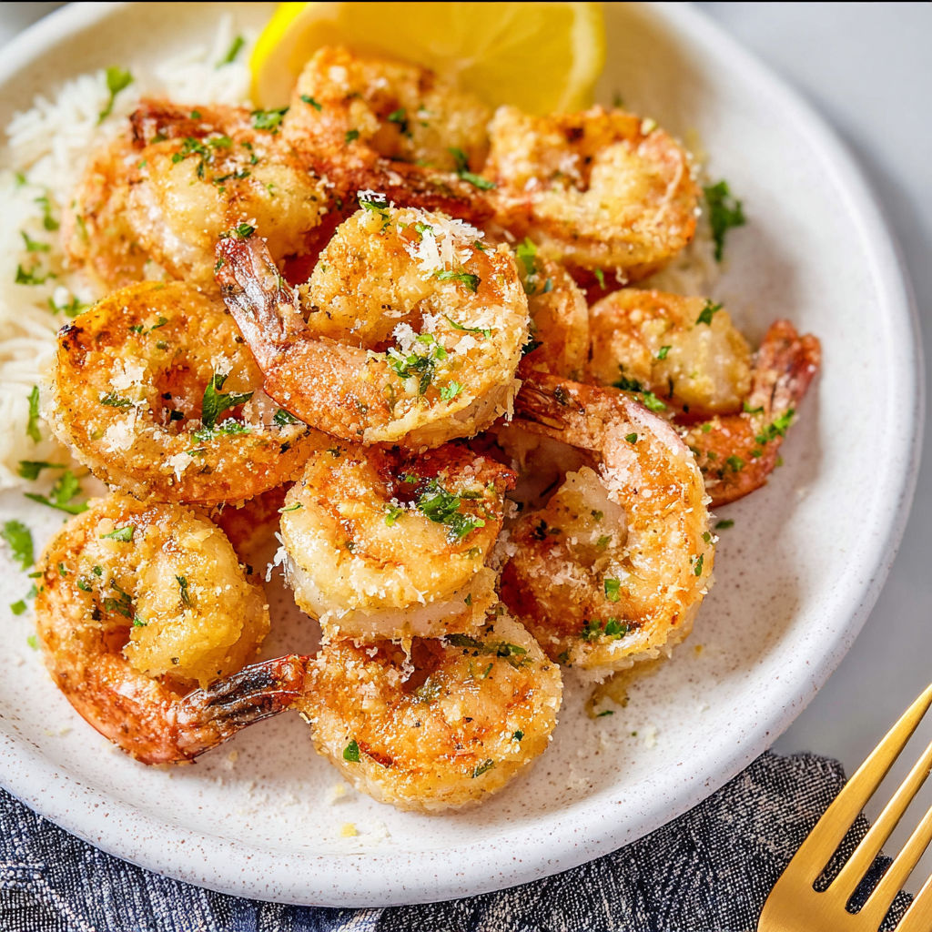 A plate of shrimp with garlic and parmesan.