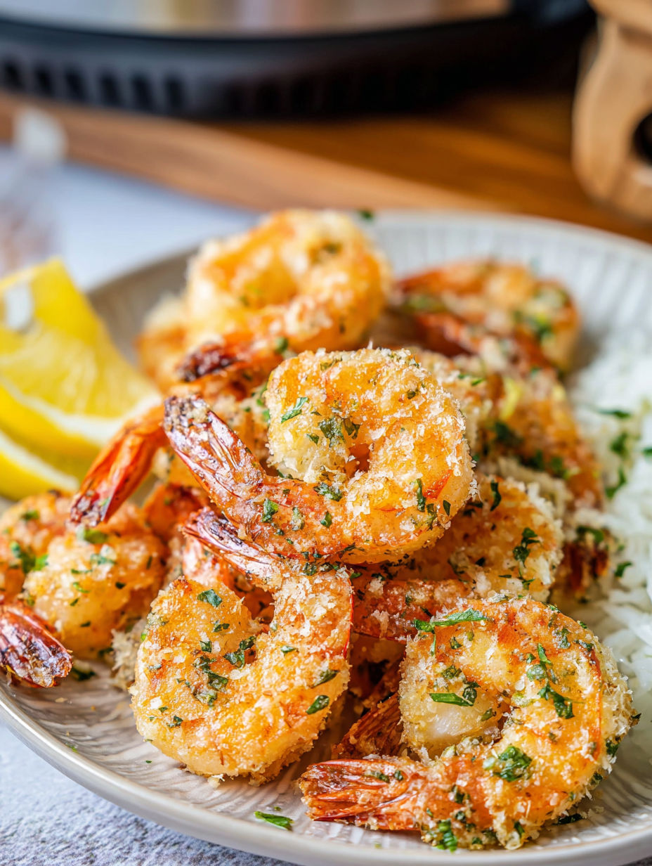 A plate of shrimp with garlic and Parmesan.