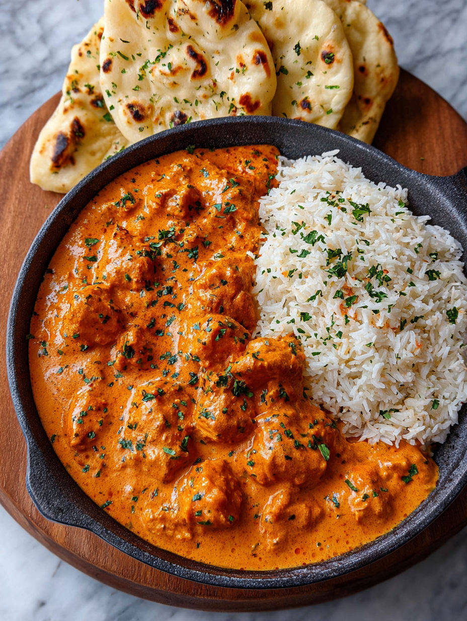 A bowl of butter chicken with rice.