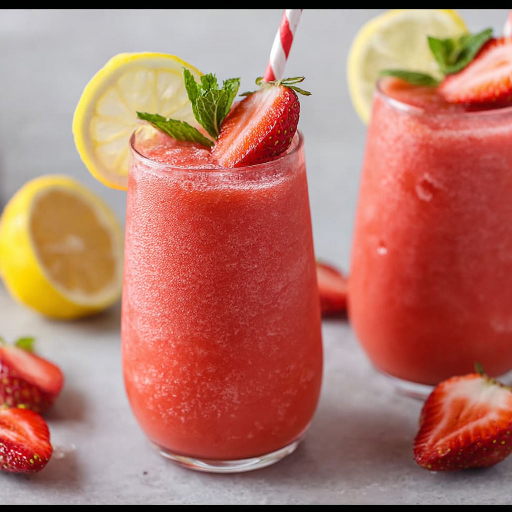 Two glasses of frozen strawberry lemonade.
