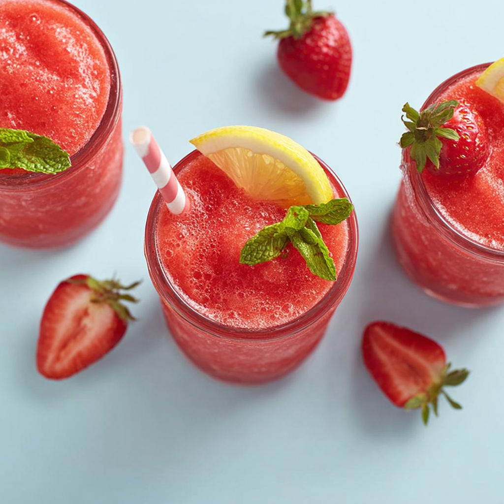 A glass of frozen strawberry lemonade with a lemon wedge.