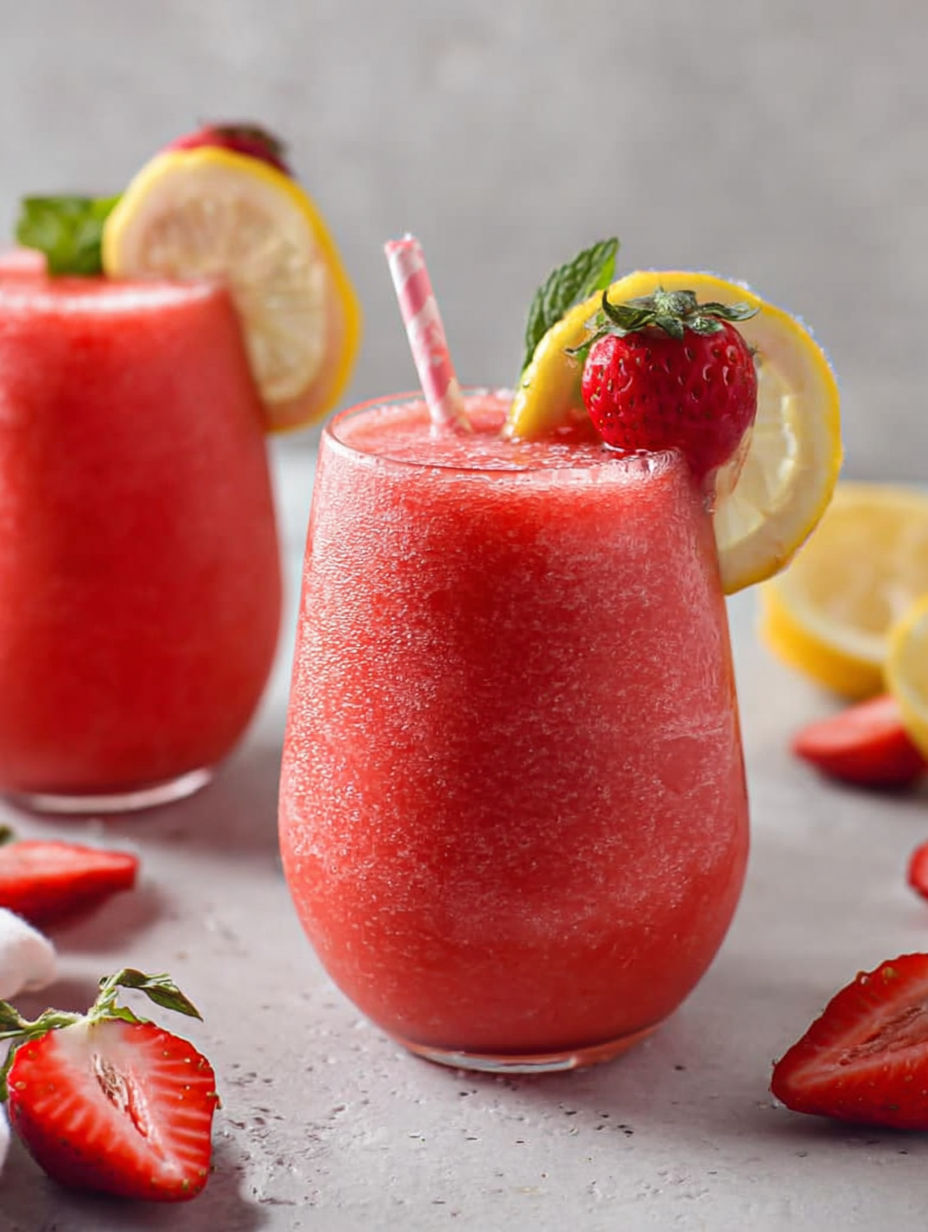 A glass of frozen strawberry lemonade with a lemon wedge.