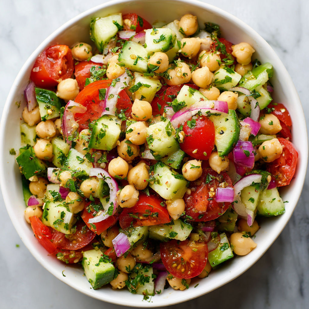 A bowl of chickpea salad with tomatoes, onions, and cucumbers.