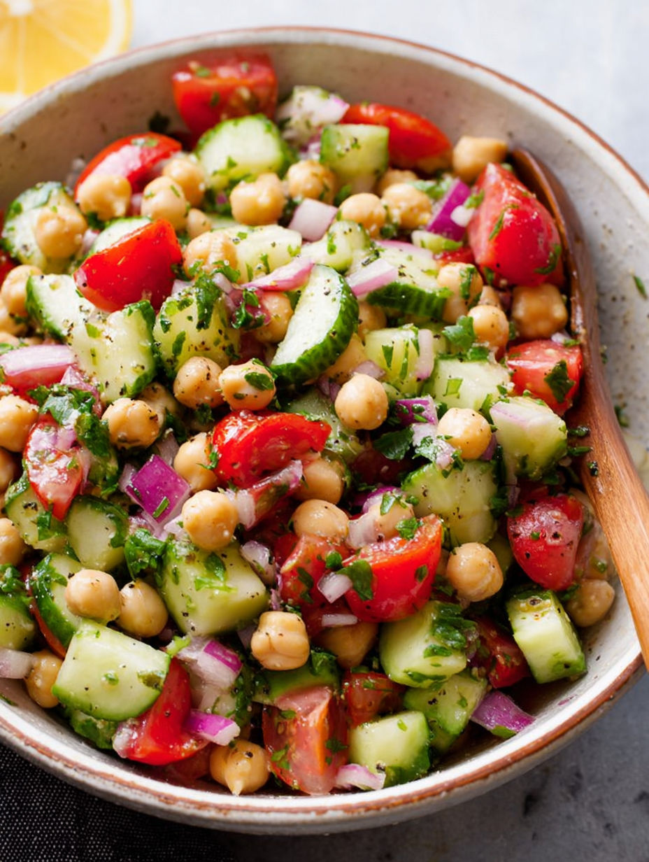 A bowl of chickpea salad with tomatoes, onions, and cucumbers.