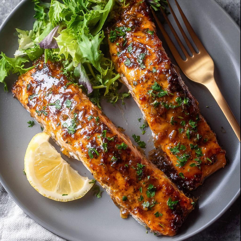 A plate of salmon with honey mustard sauce.