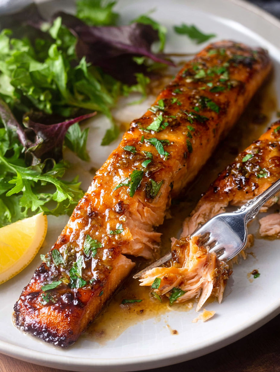A piece of salmon with honey mustard sauce on a white plate.