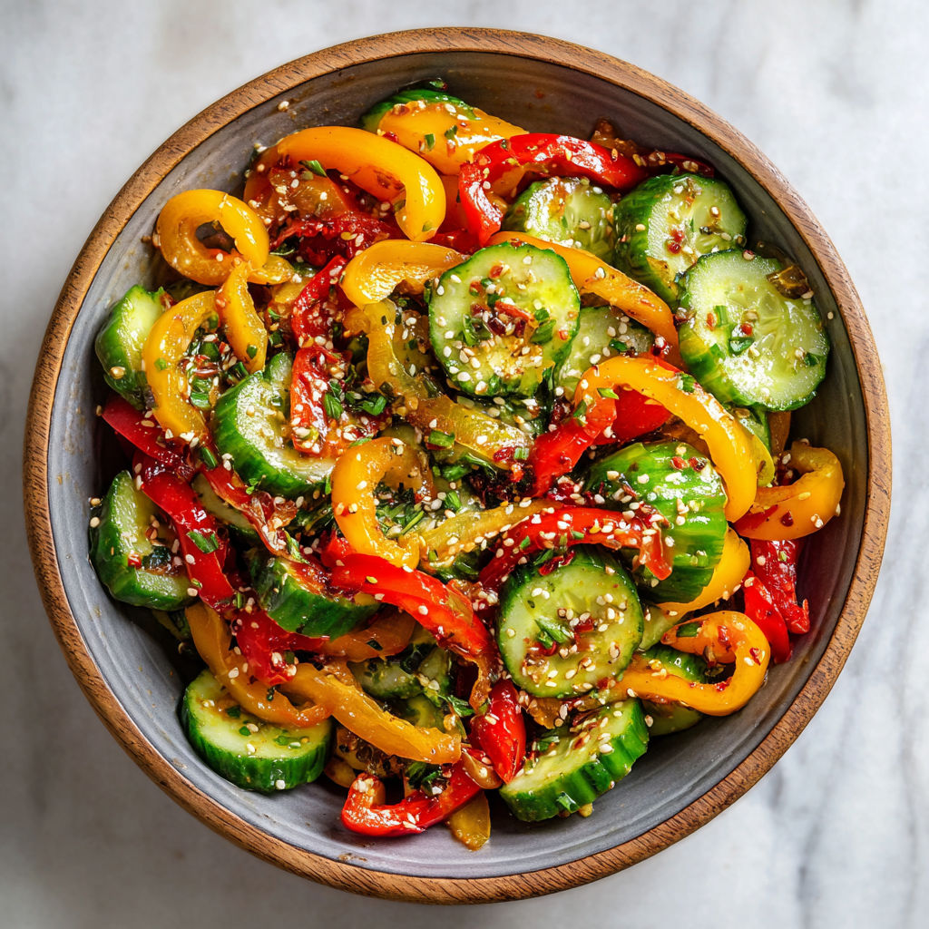 A bowl of cucumber and bell pepper salad.