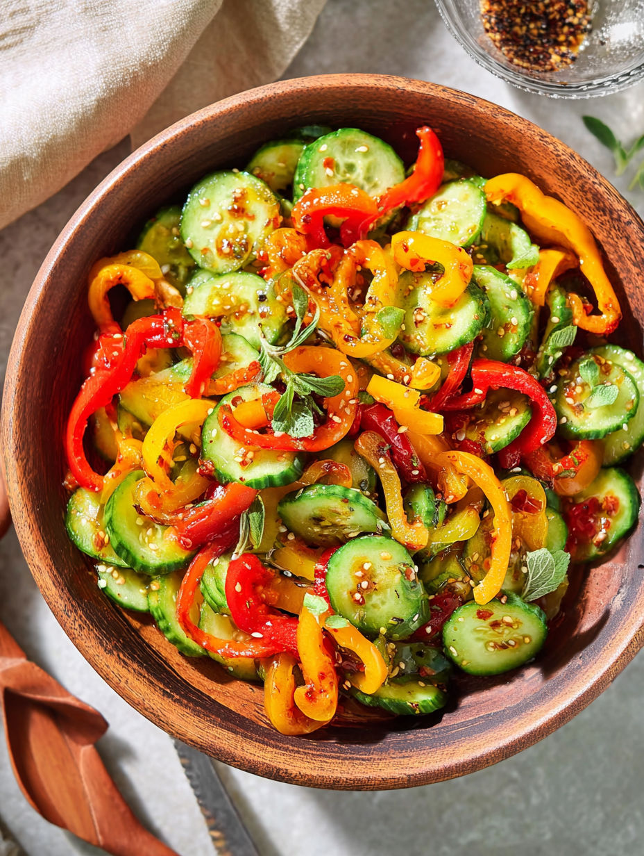 A bowl of cucumber and bell pepper salad.