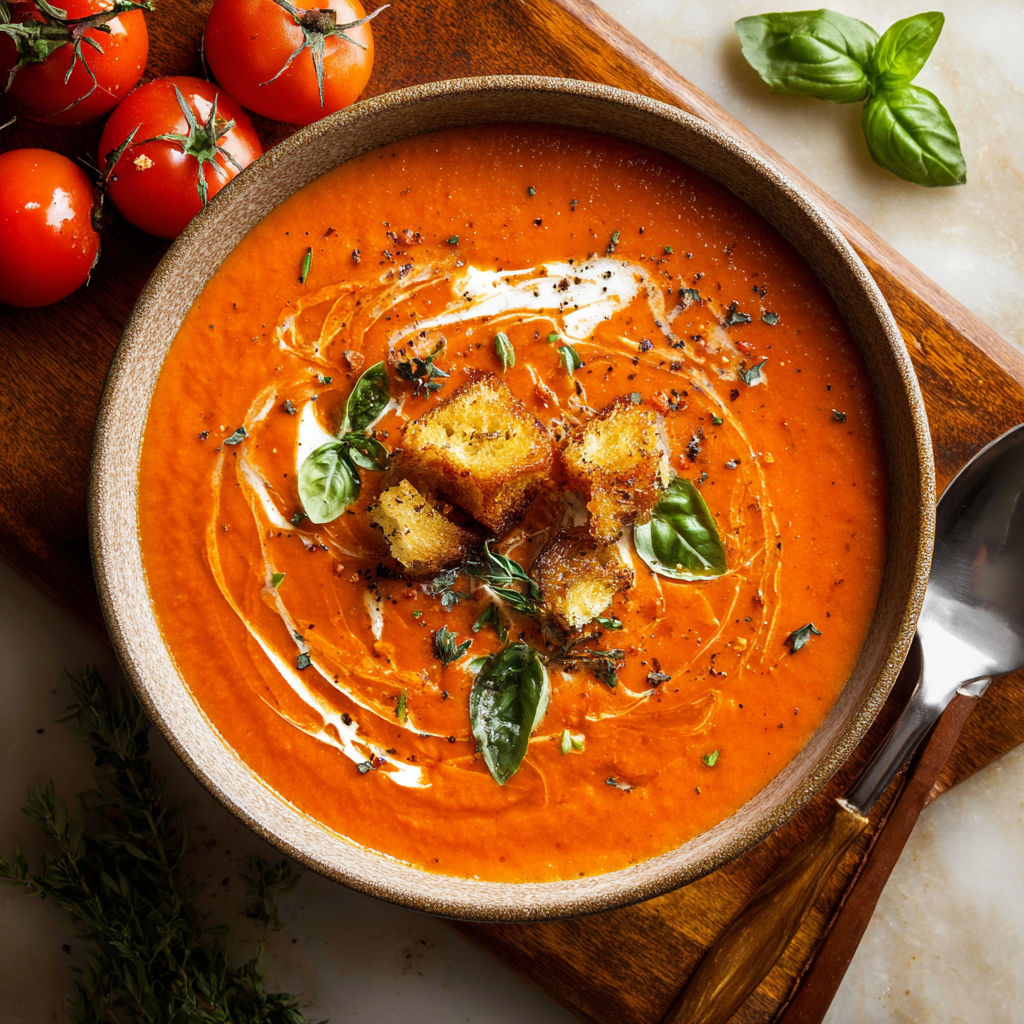 A bowl of soup with tomatoes and herbs.