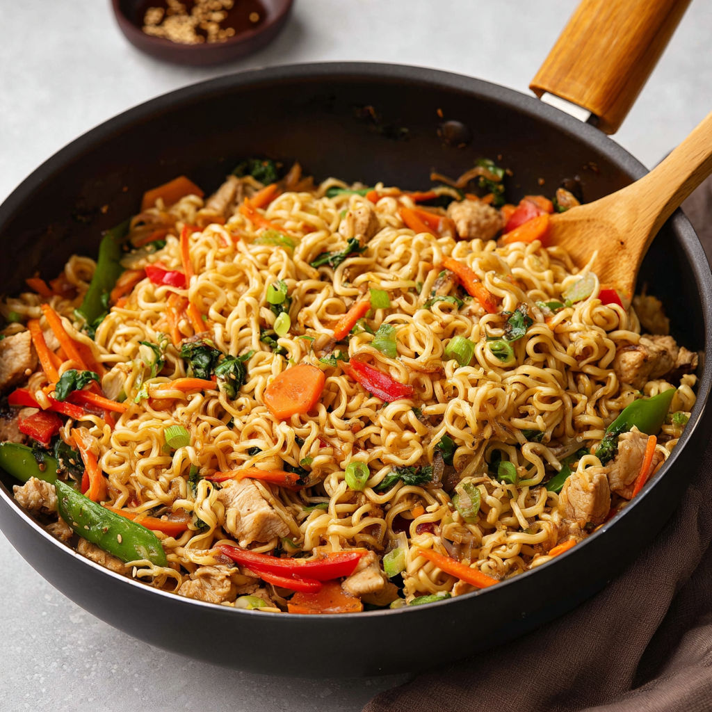 A bowl of chicken stir fry with noodles and vegetables.