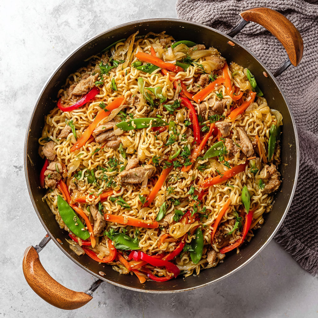 A bowl of chicken ramen stir fry.
