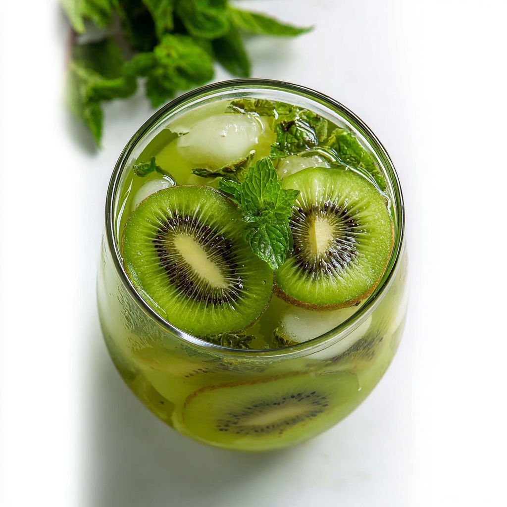 A glass of green tea with kiwi and mint.