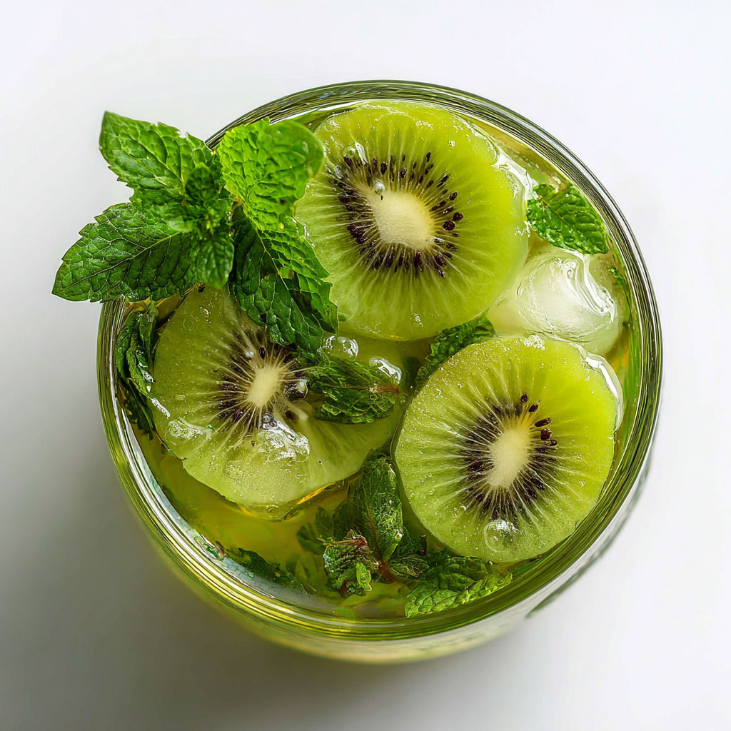 A glass of green tea with kiwi and mint.