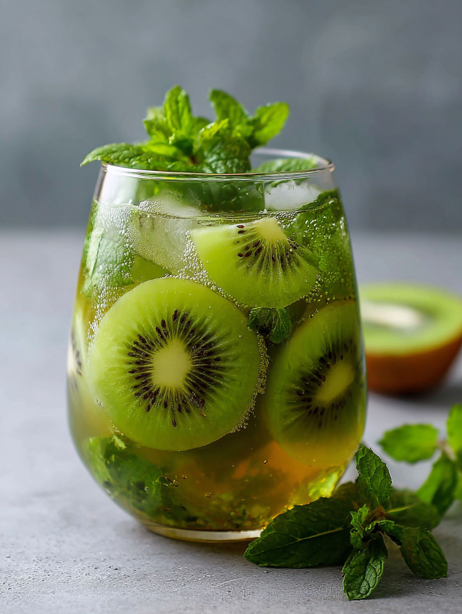 A glass of kiwi mint cold brew green tea.