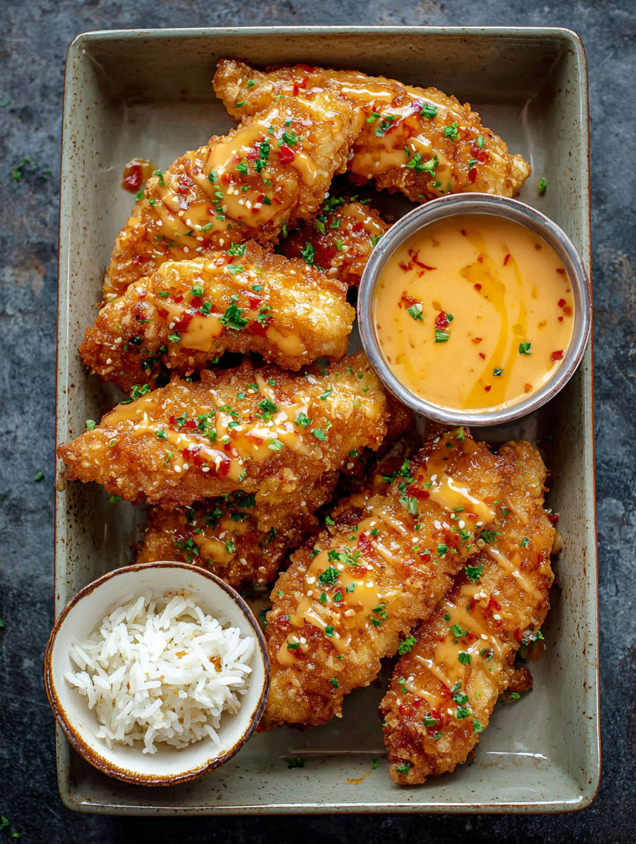 A plate of bang bang chicken with sauce.