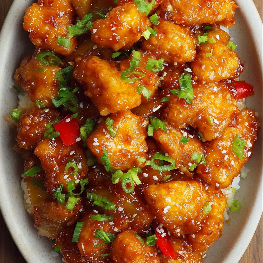 A plate of baked sweet and sour chicken.