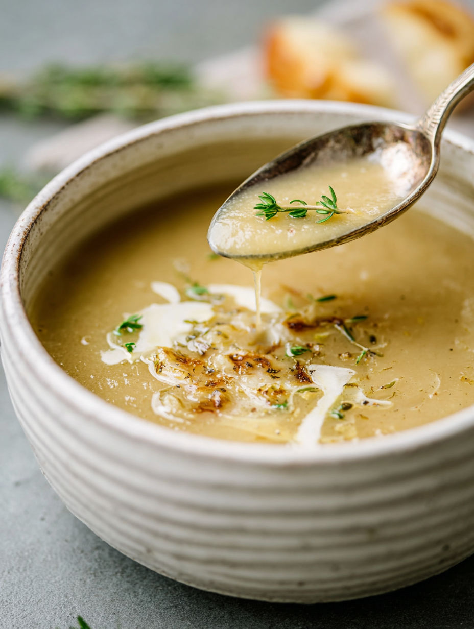 A spoon is in a bowl of soup.