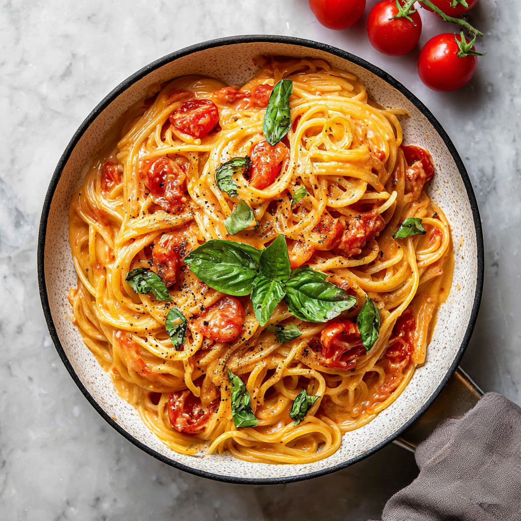 A bowl of pasta with tomatoes and basil.