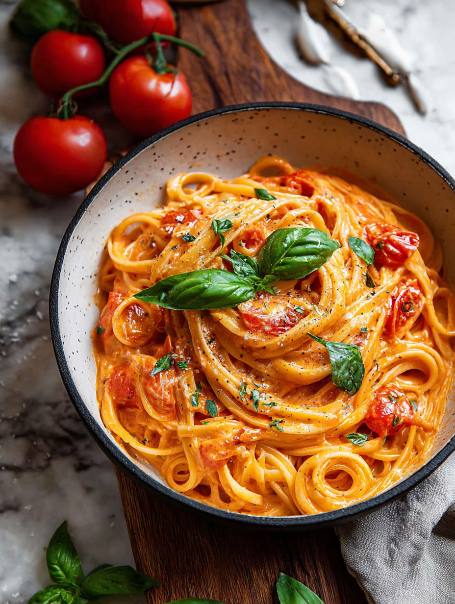 A bowl of pasta with tomatoes and basil.