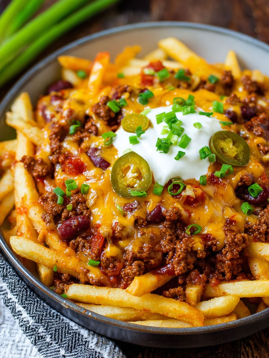 A bowl of chili cheese fries with a dollop of sour cream on top.
