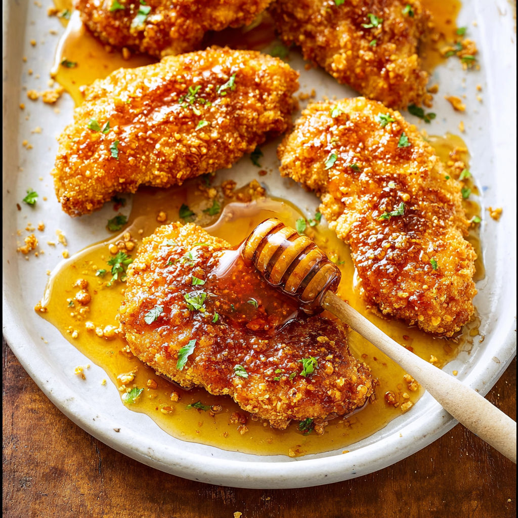 A plate of baked crunchy hot honey chicken.