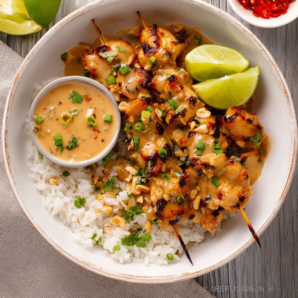 A bowl of Thai Peanut Chicken with rice and lime wedges.