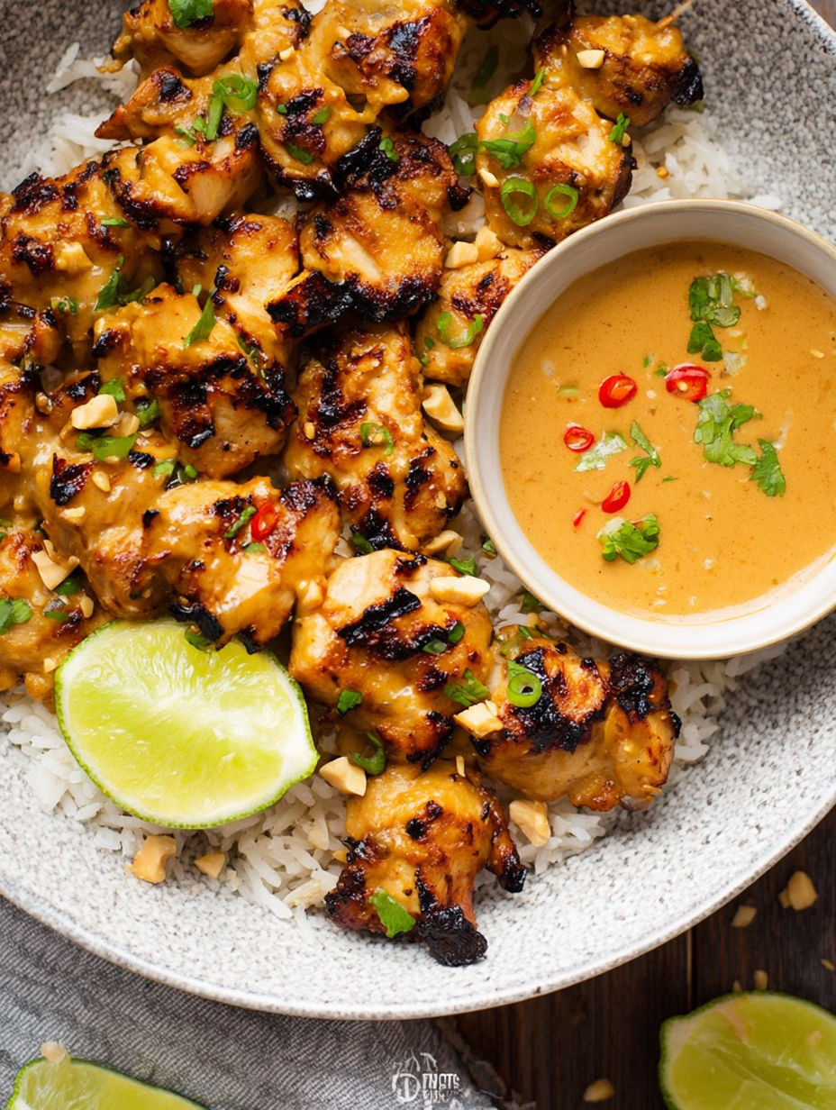 A plate of Thai Peanut Chicken with rice and a bowl of sauce.