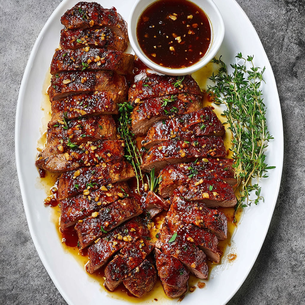 A plate of meat with a sauce on it.
