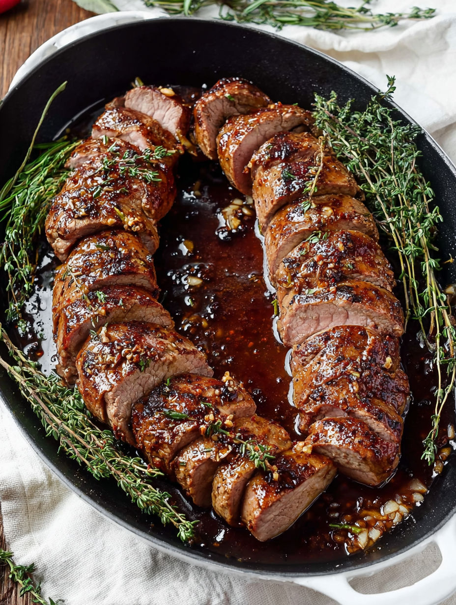 A honey garlic pork tenderloin in a pan.