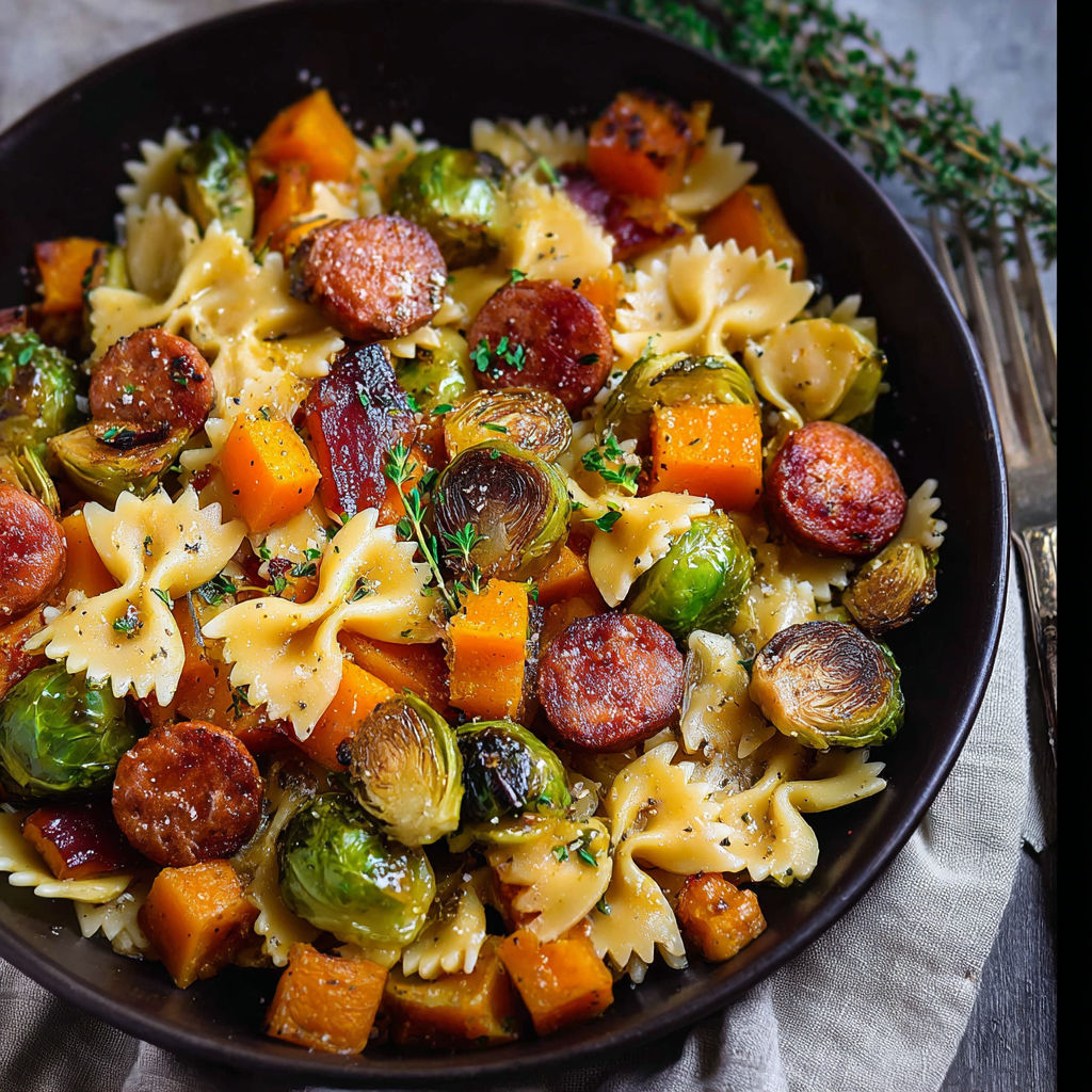 A bowl of pasta, sausage, and vegetables.