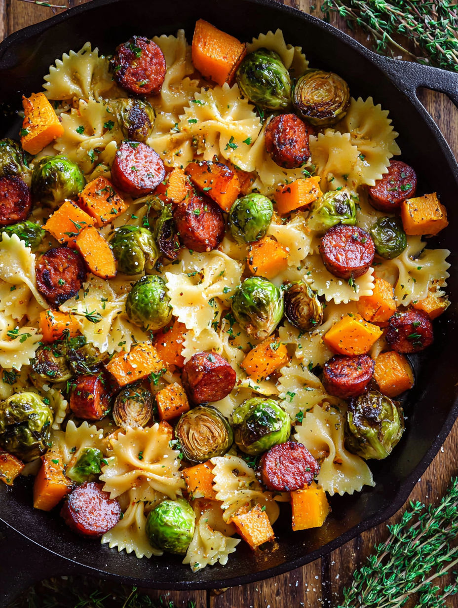 A delicious autumn dinner with sausage, pasta, brussels sprouts, and butternut squash.