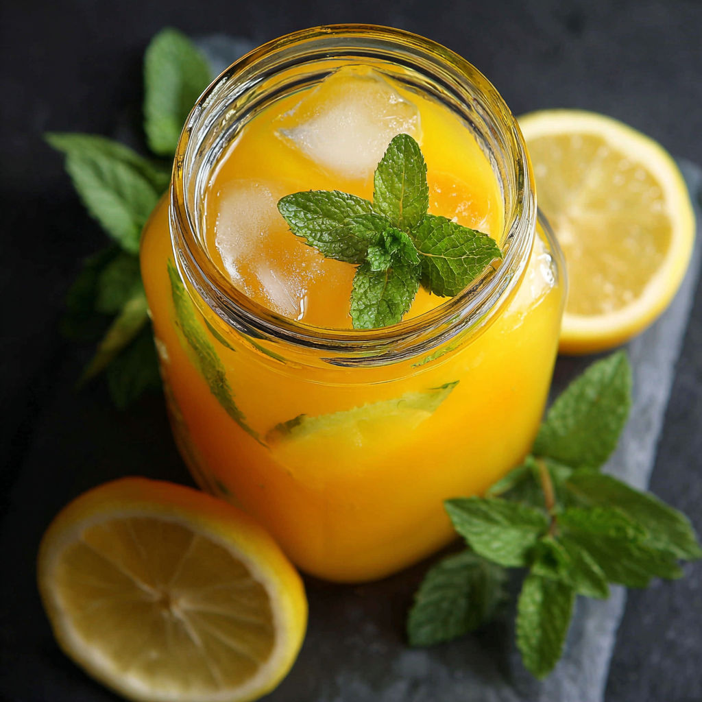 A glass of homemade mango lemonade with a lemon slice on the side.